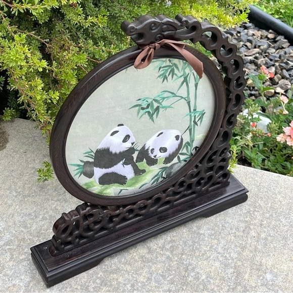 Chinese Panda Suzhou Table Silk Embroidery Double Sided‎ Wooden Screen - Picture 6 of 12